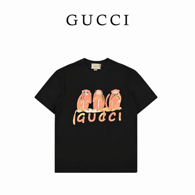 Gucci古驰24Ss调皮猴字母logo印花圆领短袖 定制面料 男女同款 货号351 03 尺码 S M L Xl 颜色 黑色 杏色