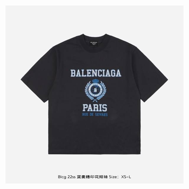 Balenciaga 巴黎世家 22Ss 蓝麦穗印花短袖 采用32S双纱平纹 克重 配32S双纱1 1螺纹 同缸订染螺纹 所到之处全部定做 大身印花两套菲林版