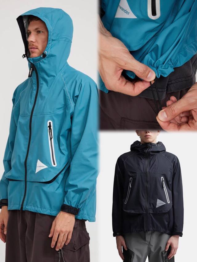 And Wander Loose Fitting Rain Jacket 日本顶尖户外 全身压胶男女款连帽冲锋衣夹克外套. 颜色 蓝色 黑色. 材质 3层复合面