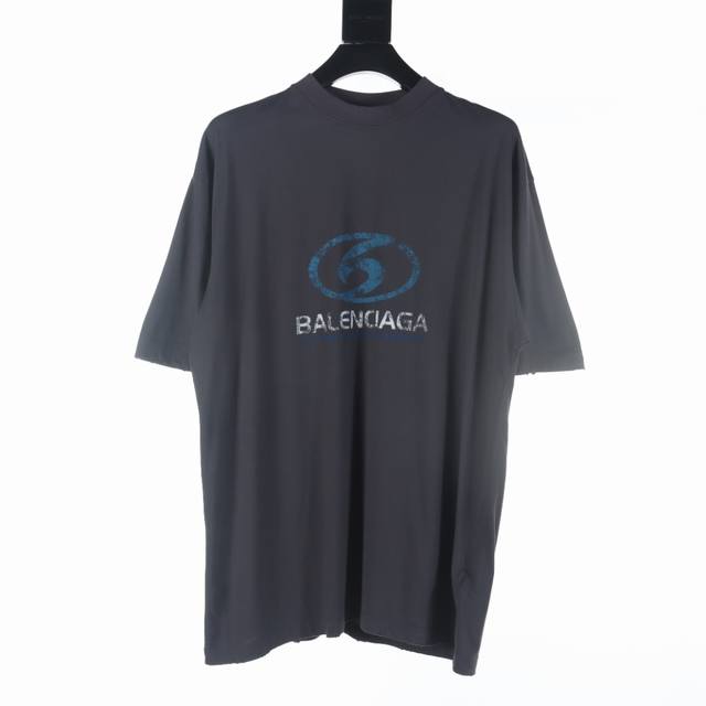 Balenciaga巴黎世家blcg 24新款蓝色logo直印裂花短袖t恤 原版6500购入。褪色黑，订染200Kg起，还原原版， 采用巴黎zp定织定全染定染全