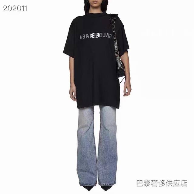 Balenciaga巴黎世家blcg 24Ss 黑色双环8字模糊反向印花字母短袖t恤 -Color：黑色 -Size：1 2 3 4 Xs-L