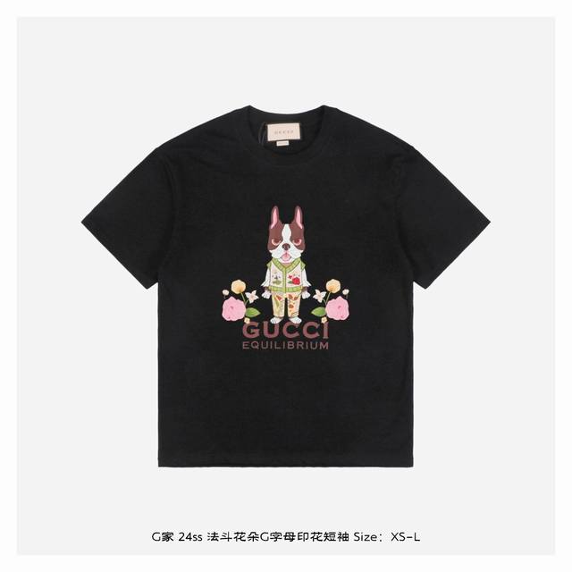 上新 Gucci 古驰 24Ss 法斗狗花朵g字母印花短袖 面料采用230克重精梳棉，定制32支1*1螺纹，成衣两遍水洗处理，面料舒适亲肤无异感，定制定染面料，