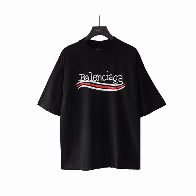 实拍细节图 +尺码表 巴黎世家 Balenciaga前后海浪标志磨破短袖 椭圆机进口胶浆工艺 整体印花无牙边 32S240G双纱精梳棉布料 大货三标齐+码数贴＋