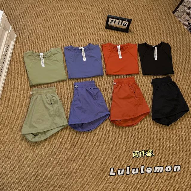 上新 Lululemon 露露乐蒙 24Ss夏季新款女士轻型速干运动短袖短裤套装两件套 颜色: 绿色 紫色 橙色 黑色 尺码：S-2Xl 160 54Kg M合