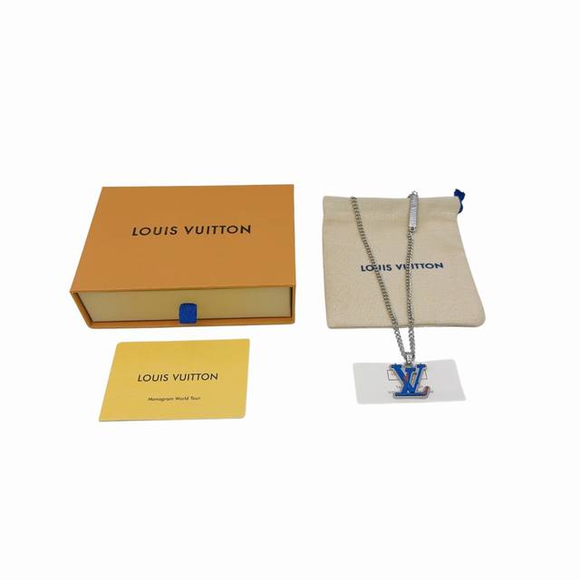 Louis Vuitton Lv字母标志-黄铜树脂项链男女同款,情侣款,蓝色,Monogram Chain 项链-编码：M01507当季新款-官网在售价￥P5,