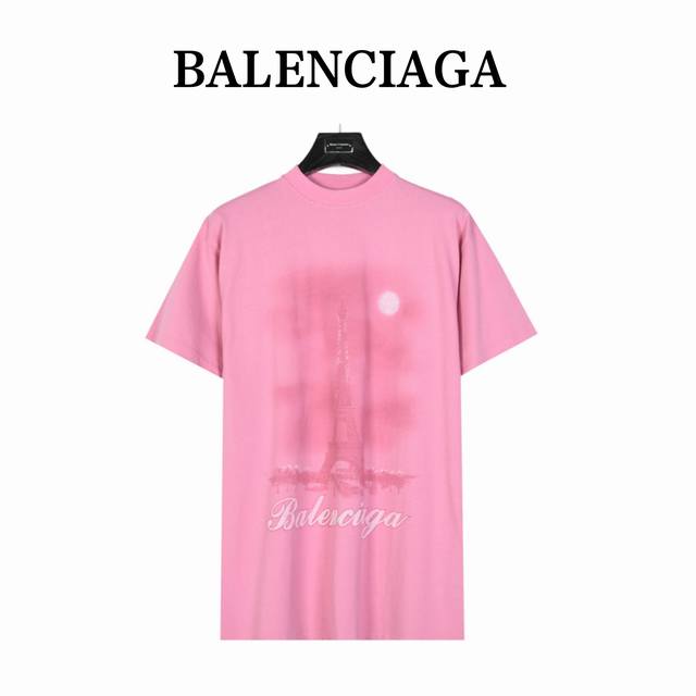 Balenciaga 巴黎世家 铁塔夜景圆领短袖 原版购买，复古平纹针织面料、中性款型、大廓形版型、圆领短袖、正面饰以paris Moon艺术作品印花、裂纹和褪
