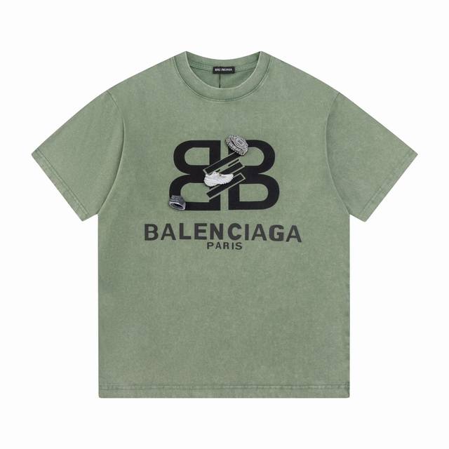 款号：Ad41 Balenciaga巴黎世家 2023 洗水系列做旧高克重 立体魔术贴短袖t恤。 细节无法挑剔，极具档次感与奢华辨识度，休闲宽松落肩的版型裁剪。
