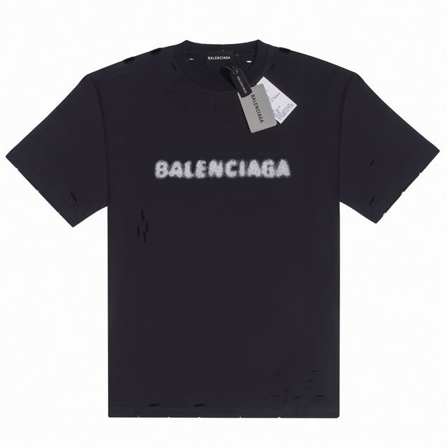 巴黎总仓原单 Balenciaga巴黎世家 Blurry Logo 破洞复古平纹短袖t恤 男女款 黑色 尺码表：Xs. S. M. L 印花：印花材料采用安全环