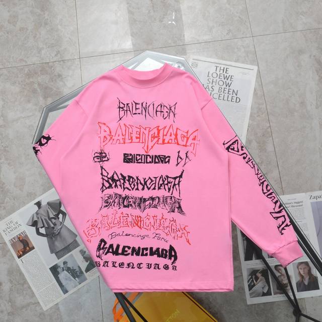 纯原臻品 顶级复刻 Balenciaga 巴黎世家 新款龙年满印涂鸦哥特洗水logo长袖卫衣t恤 - 款号：631B147 - 颜色：黑色 白色 粉色 - 购入