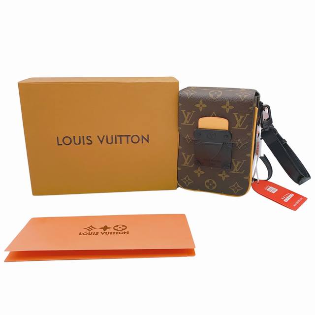 原单品质，配牛皮防伪纸箱 Louis Vuitton S-Lock Vertical 橙色老花系列 可拆卸可调节肩带磁扣开合 涂层帆布 单肩斜挎包 迷你 男款