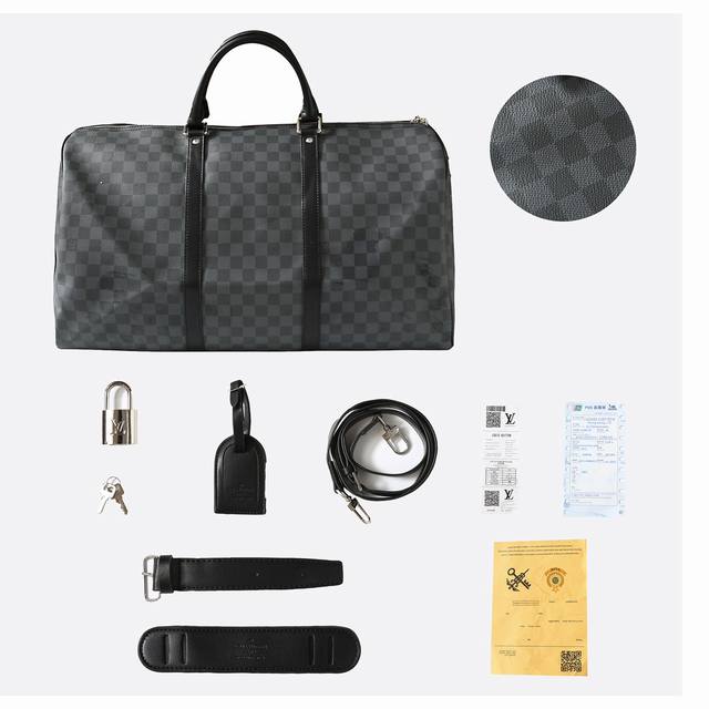 Louisvuitton 棋盘格手提单肩斜挎旅行包男款，黑色，Keepall Bandoulière 55 旅行袋-编码：N41413-官网在售价￥45,425