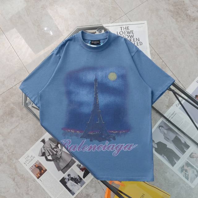 纯原臻品 顶级复刻 - Balenciaga 巴黎世家 专柜款巴黎埃菲尔铁塔喷墨渐变彩印水洗做旧短袖t恤 - 颜色：蓝色 粉色 - 购入原版开模打造，全套定制辅