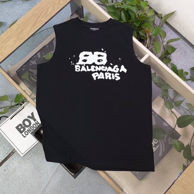 2024新款balenciaga巴黎世家涂鸦字母图案logo印花砍袖背心短袖，面料与短袖一样很厚实有质感jerry粉丝不容错过，夏天健身房 街头 篮球场最帅的仔