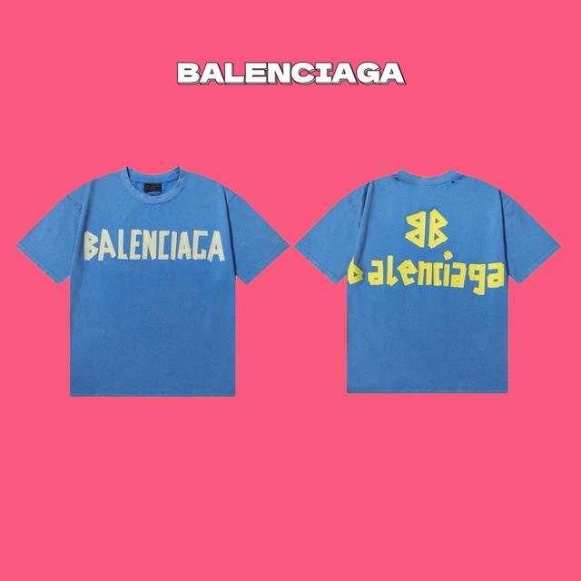 Balenciaga 巴黎世家24Ss黄胶带字母 Logo 印花做旧蓝情侣款圆领短袖t恤 Color：蓝色 Size：S M L Number：24374 独家