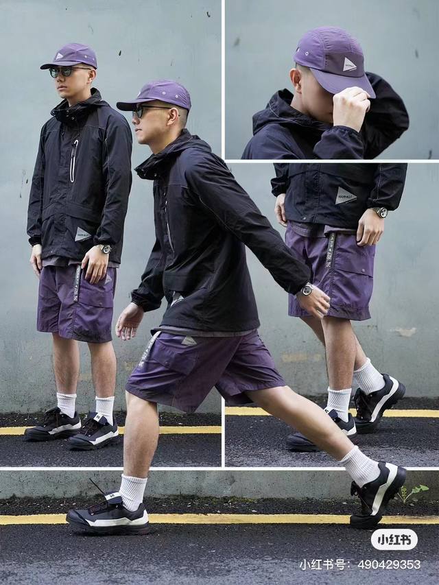 And Wander 联名gramicci时尚紫色防泼水运动机能短裤五分裤 品牌创始人对攀岩的热爱，对于这项极限运动来说需要一条兼顾舒适性、透气性、耐磨性、伸展