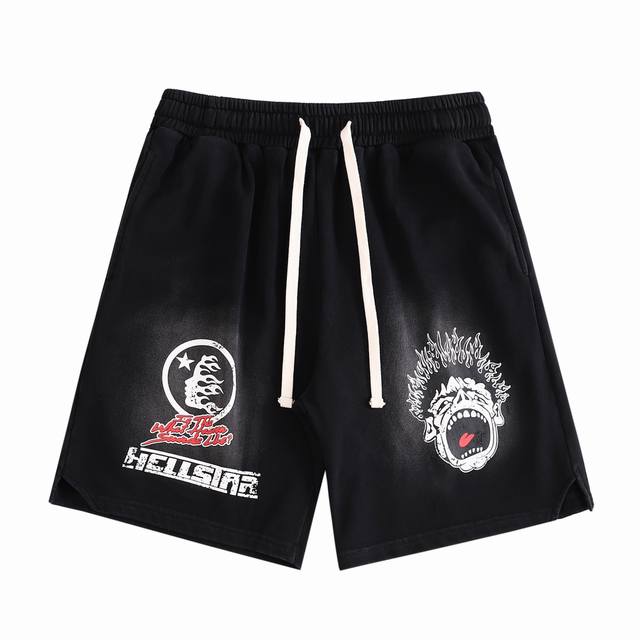 Hellstar 24Ss 火焰外星人水洗短裤 由设计师和音乐家post Malone创立该品牌的灵感来源于post Malone的个人风格、音乐、宗教和科幻元