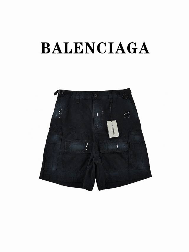 Balenciaga巴黎世家24Ss重工手绘脏脏格子面料口袋牛仔短裤 官网版本1:1还原做法balenciaga巴黎世家24Ss新品春夏flared Cargo