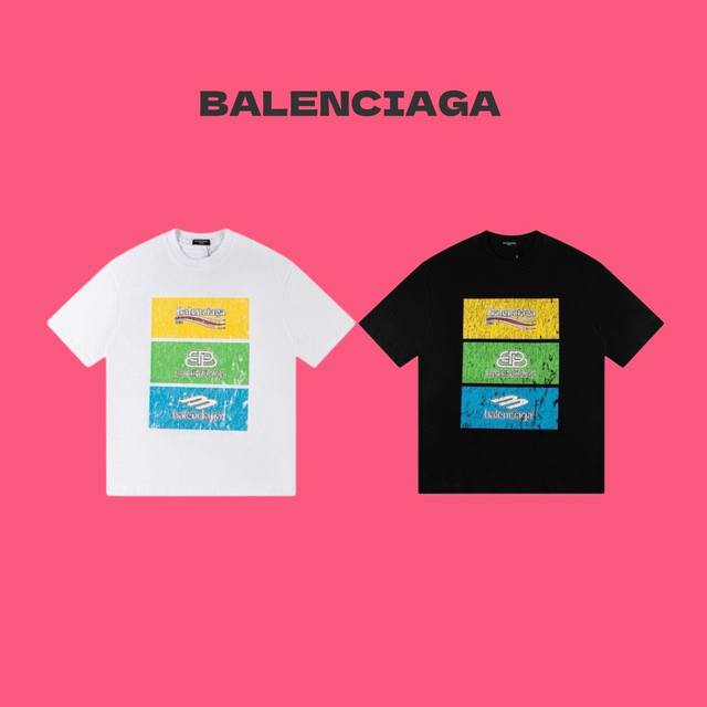 Balenciaga 巴黎世家24Ss多logo标识排标做旧印花情侣圆领短袖 T恤 Color：黑色 白色 Size：S M L Xl Number：2407