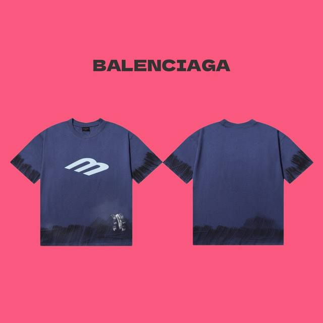 Balenciaga 巴黎世家24Ss最新3B涂鸦 M 字母泥染水洗做旧情侣款圆领短袖t恤 Color：藏蓝色 Size：S M L Number：24388
