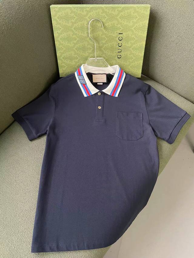 S-2Xl Gucc 领口双g刺绣polo 撞色设计 少年感满满 深蓝色 男女同款 - 点击图像关闭