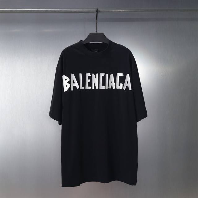 Cx01# Balenciaga 巴黎世家 胶带款美纹纸效果印花做旧磨破炒色短袖t恤衫 男女款 颜色：黑 蓝 白 枣红 军绿 白黑 黑银 码数：S M L Xl