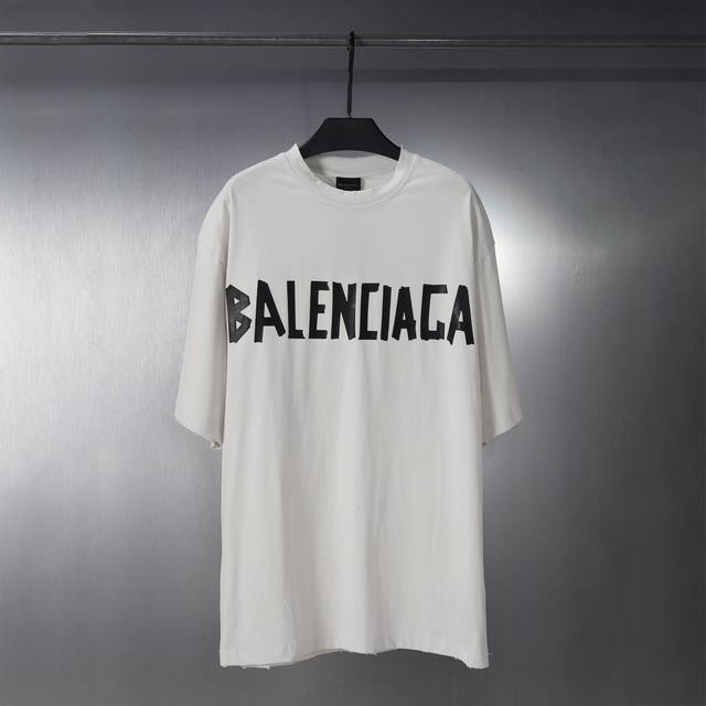 Cx01# Balenciaga 巴黎世家 胶带款美纹纸效果印花做旧磨破炒色短袖t恤衫 男女款 颜色：黑 蓝 白 枣红 军绿 白黑 黑银 码数：S M L Xl